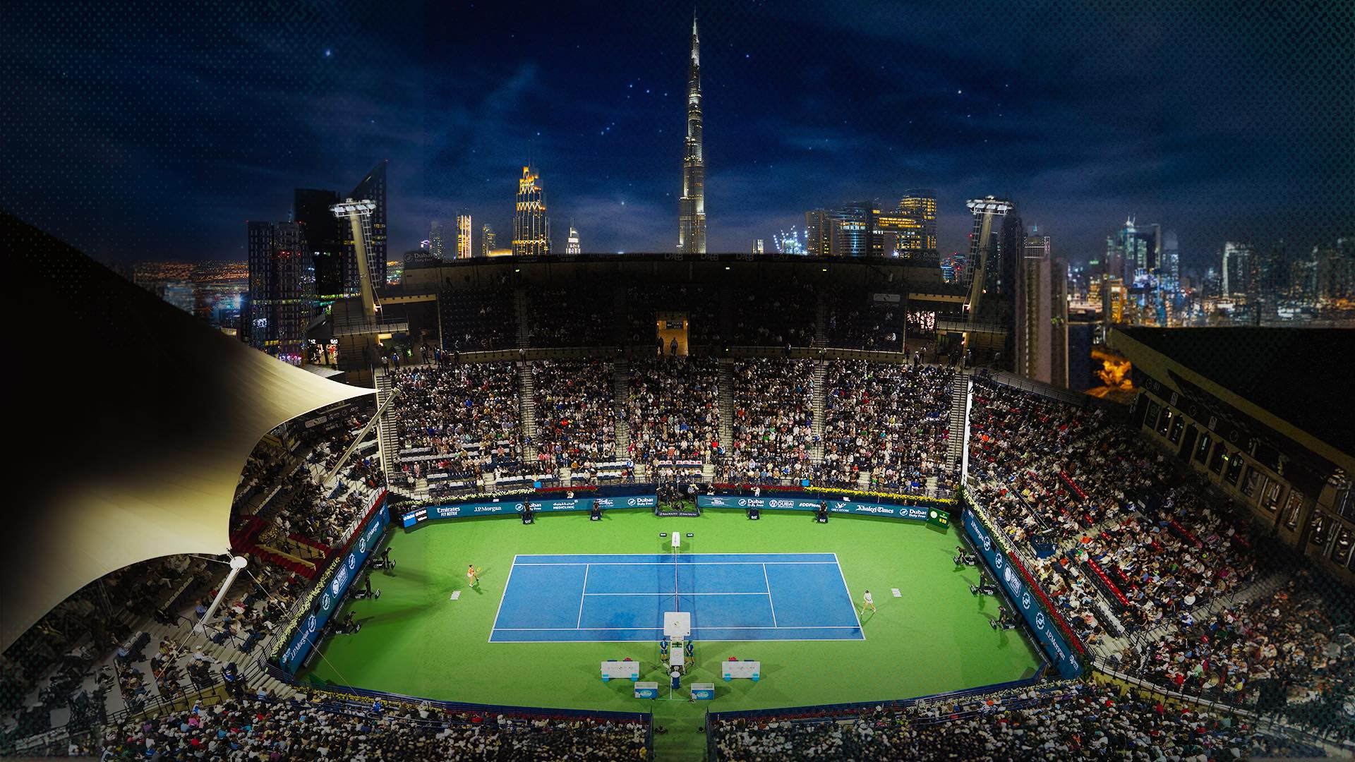Centre court at the Dubai Duty Free Tennis Stadium at night