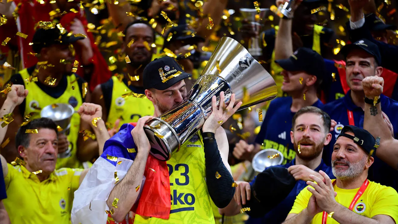 Fenerbahce lift the 2025 EuroLeague trophy at Etihad Arena, Abu Dhabi