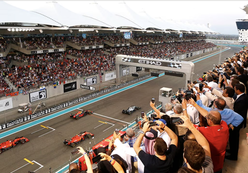 View from the Main Grandstand over the start/finish straight at Yas Marina