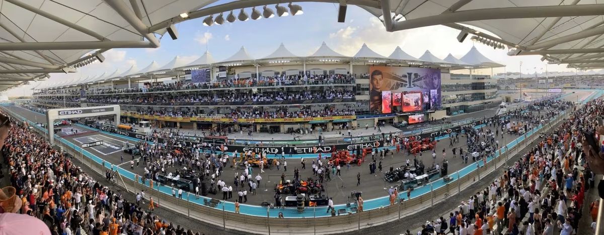The grid at Yas Marina Circuit seen from the Main Grandstand on race day