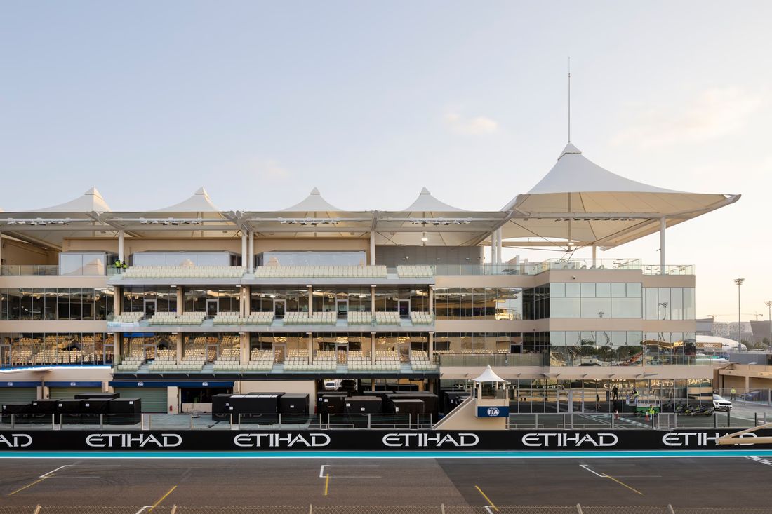 The pit straight and Main Grandstand at Yas Marina Circuit