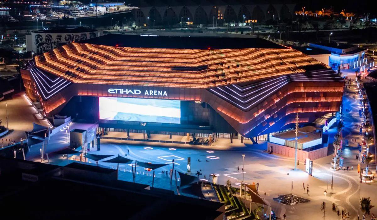 Etihad Arena lit at night on Yas Bay, Abu Dhabi