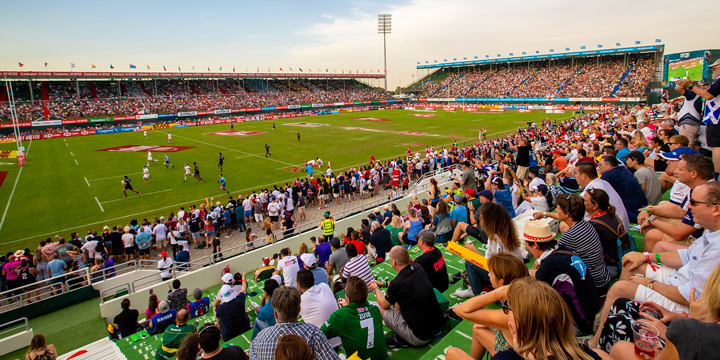 Fans in the stands at the Emirates Dubai 7s, The Sevens Stadium