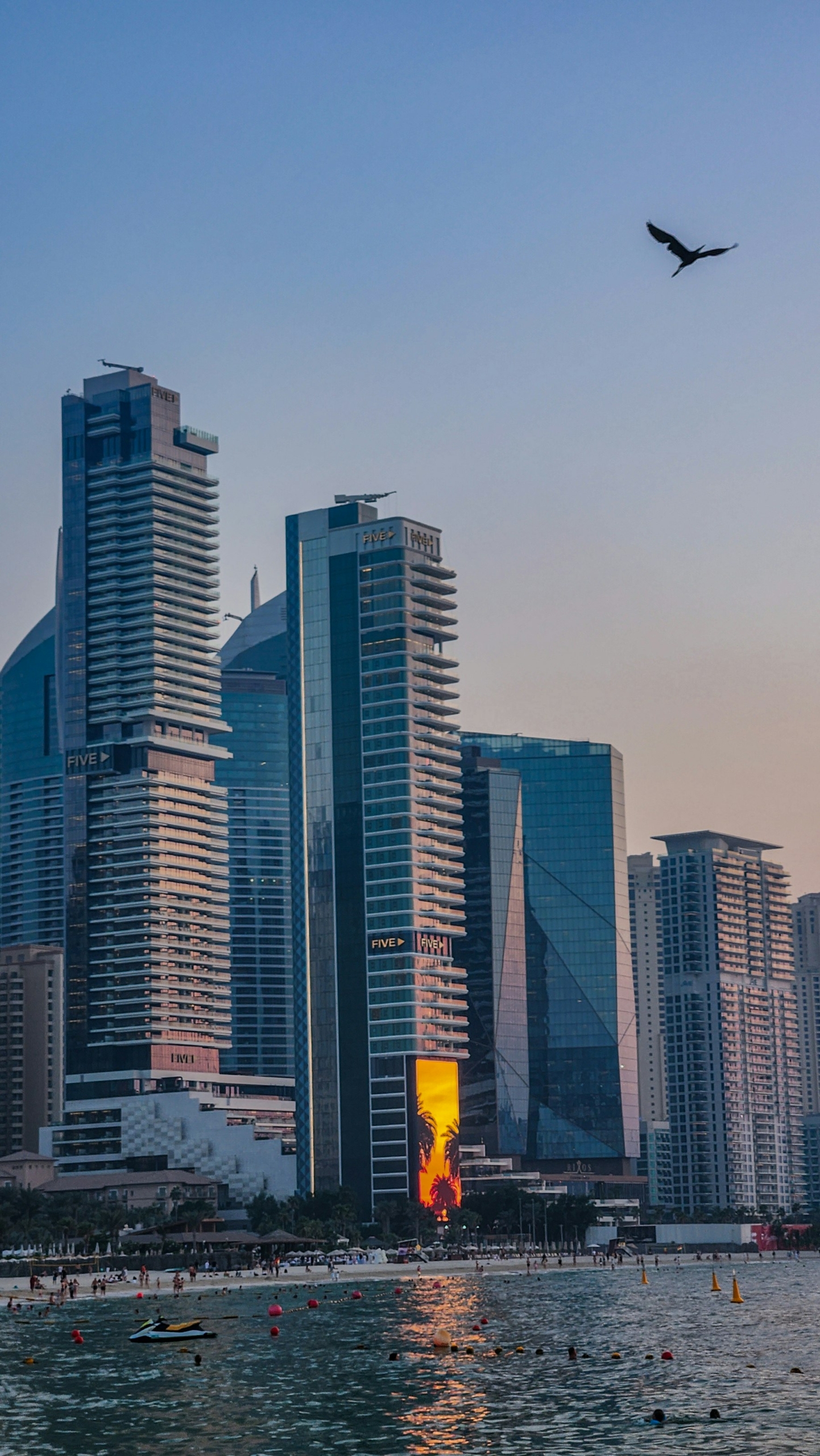 Dubai Marina hotels and skyline at twilight