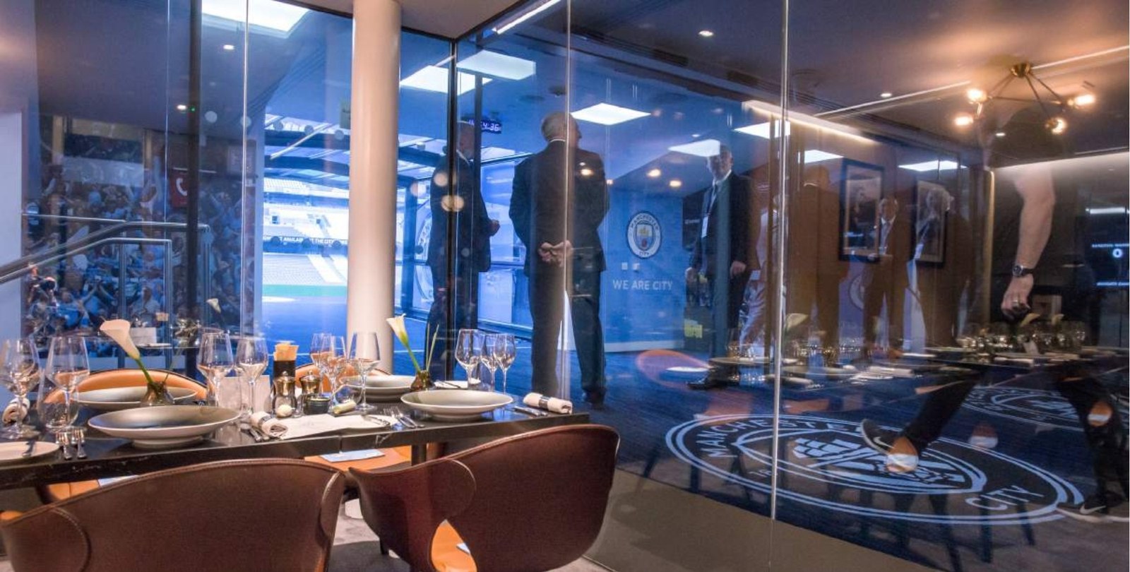 Private dining behind glass overlooking the players tunnel at the Etihad Stadium