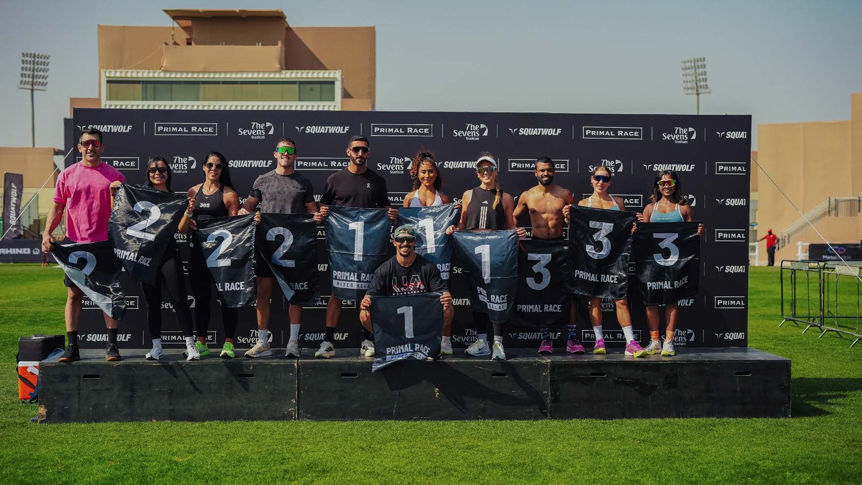 Primal Race podium teams at The Sevens Stadium, Dubai
