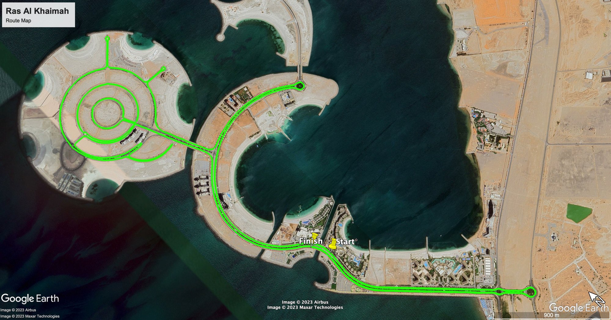 Satellite view of the Ras Al Khaimah Half Marathon route around Al Marjan Island